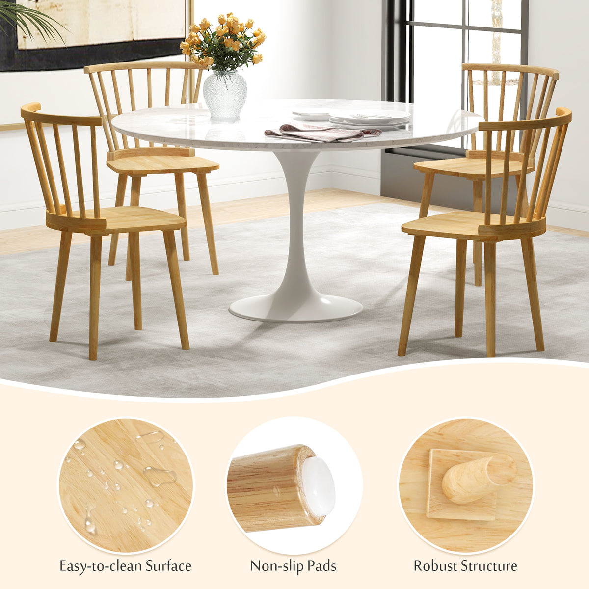 Dining Chairs Set of 2 Spindle Back Natural Wood - Wide Backrest