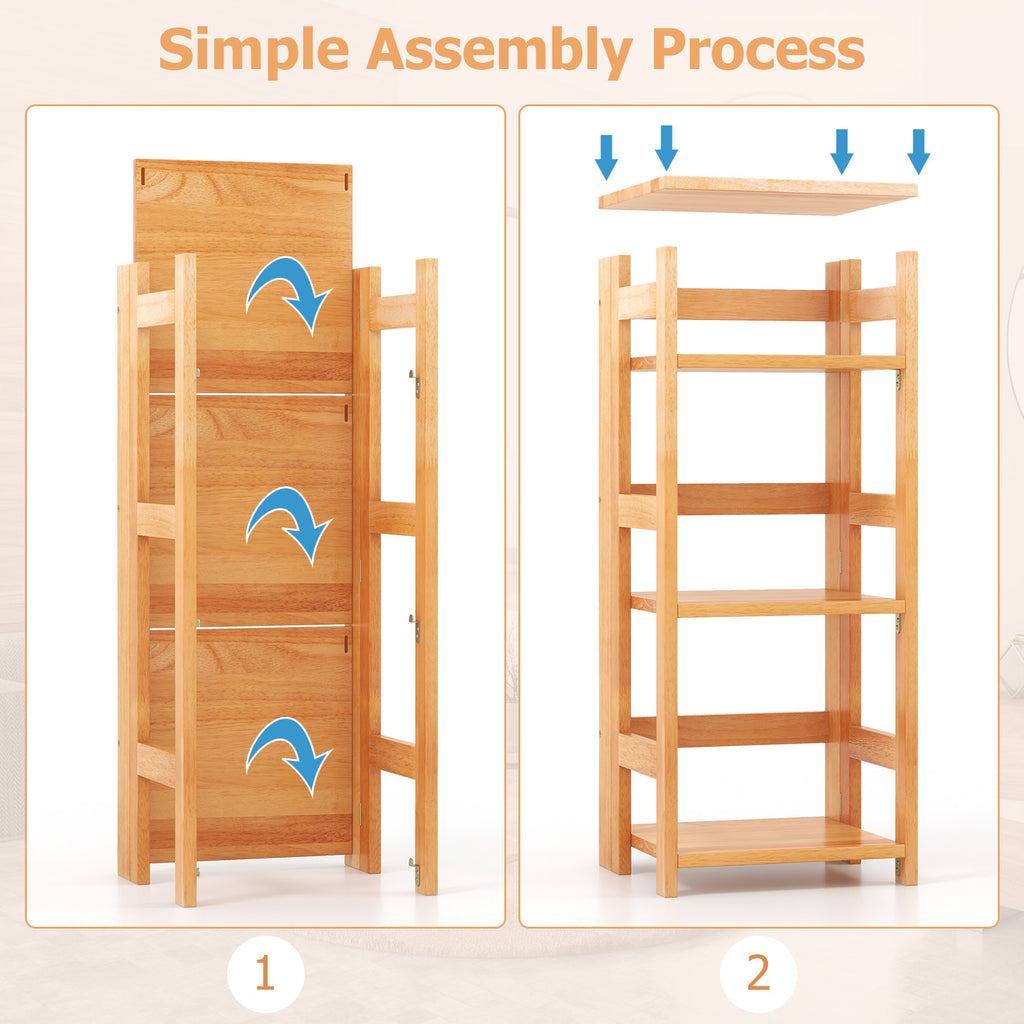 4-Tier Bookshelf Rubber Wood Bookcase with Side Fences for Living Room