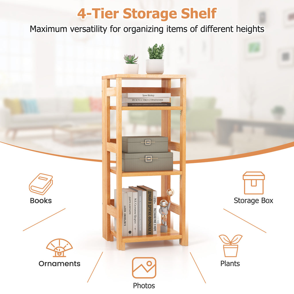 4-Tier Bookshelf Rubber Wood Bookcase with Side Fences for Living Room