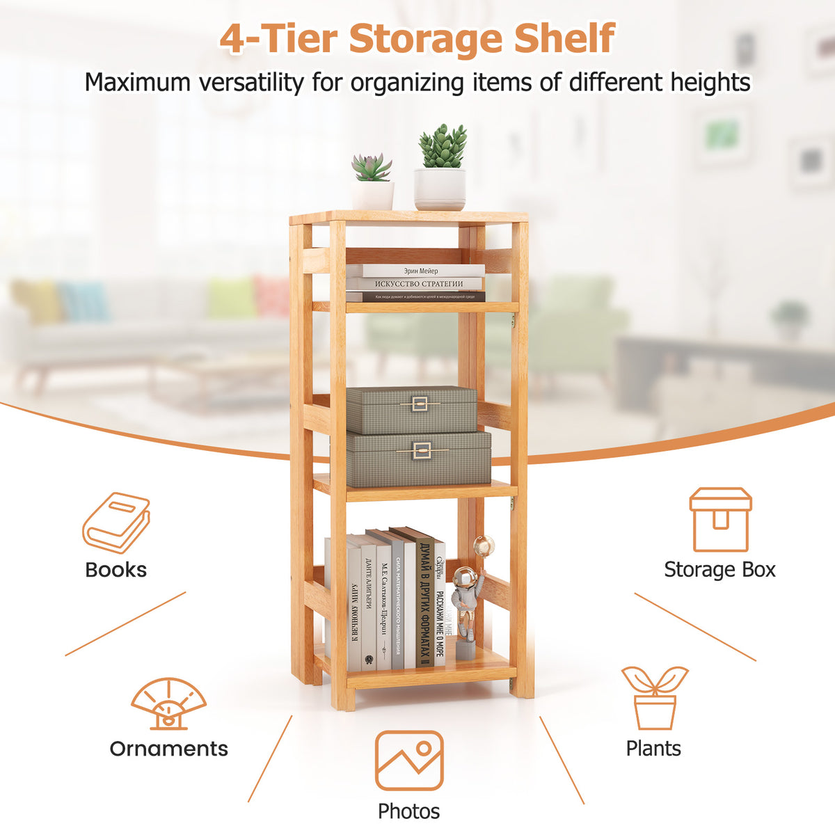 4-Tier Bookshelf Rubber Wood Bookcase with Side Fences for Living Room