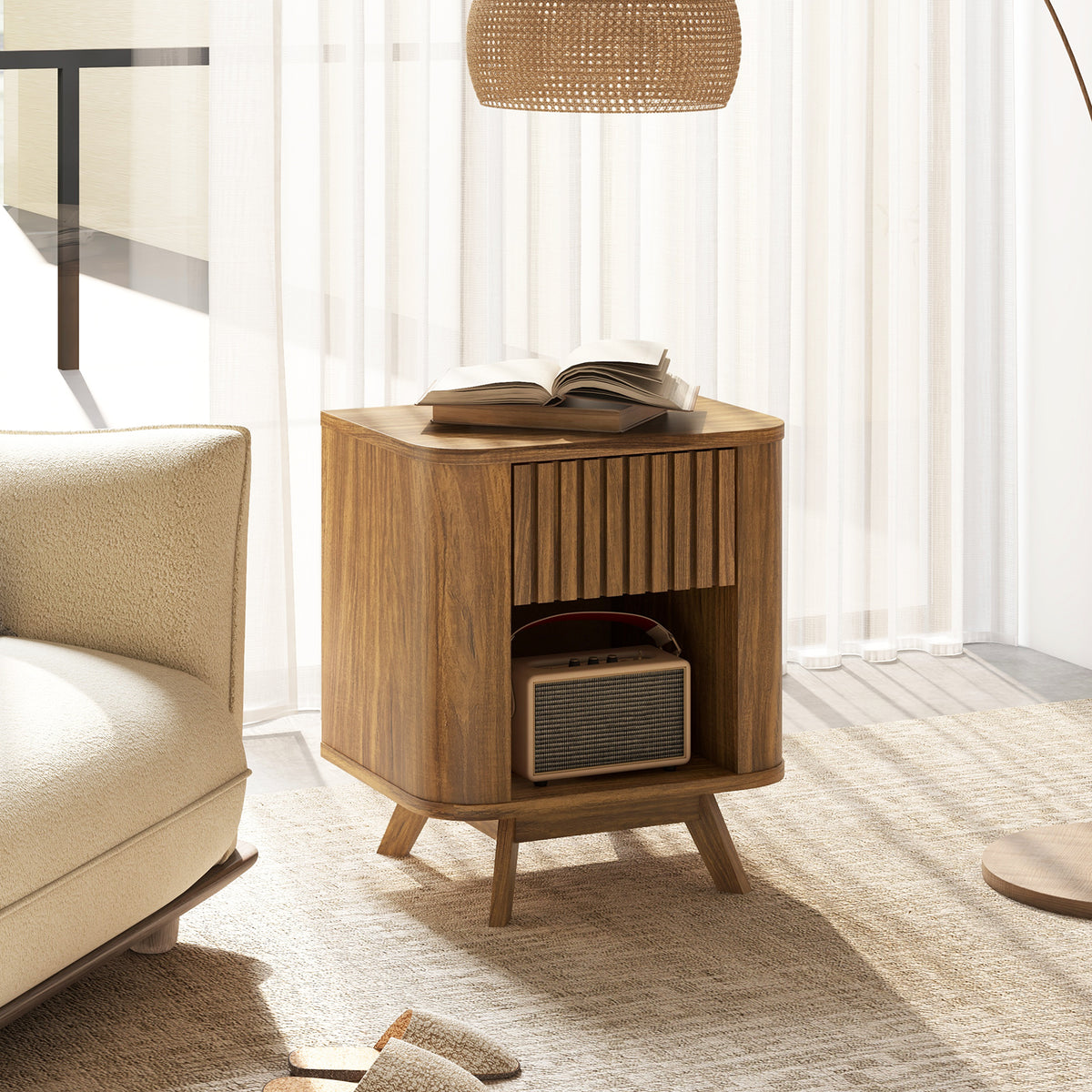 Mid-Century Nightstand with Drawer and Open Shelf - Walnut