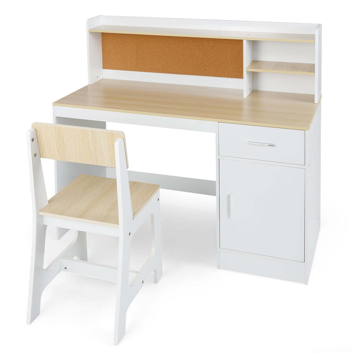 Activity Kids Table and Chair Set - Natural Kids Study Desk & Chair with Shelves & Bulletin Board