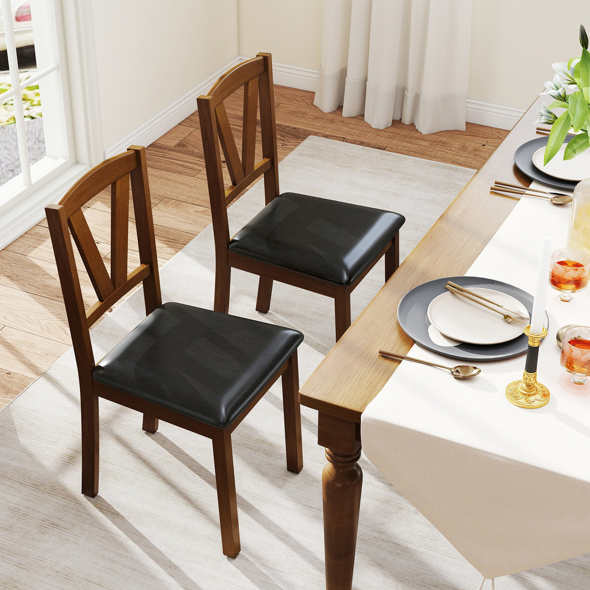 Wooden Dining Chairs Set of 2, PU Leather Upholstered - Brown