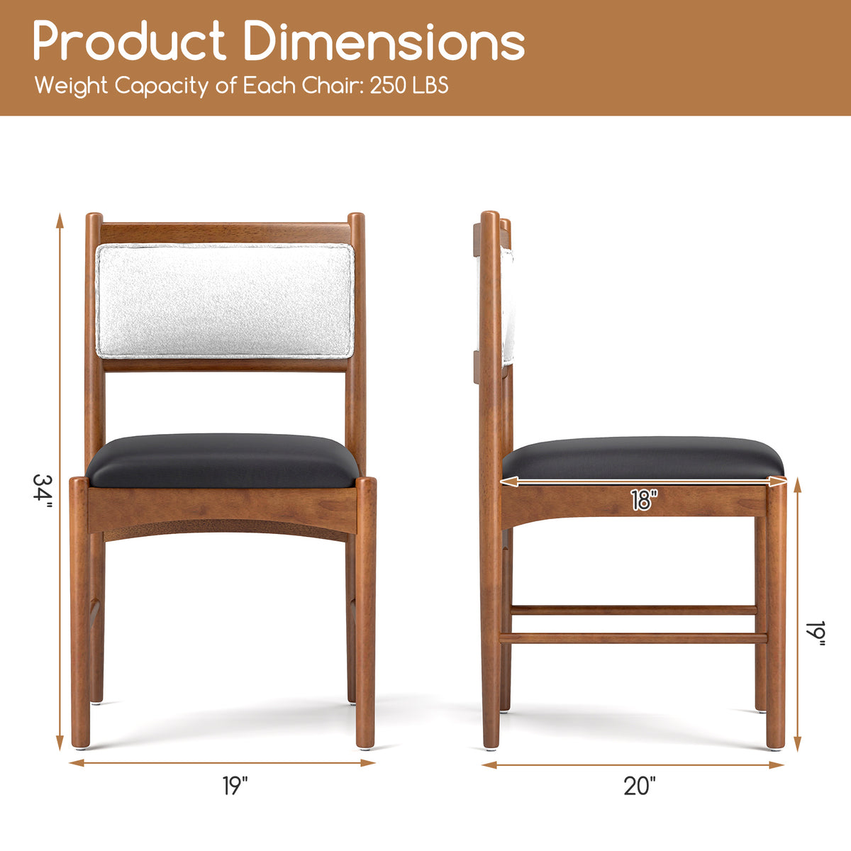 Dining Chair Set of 2, Rubber Wood Frame, Sherpa Backrest – Walnut