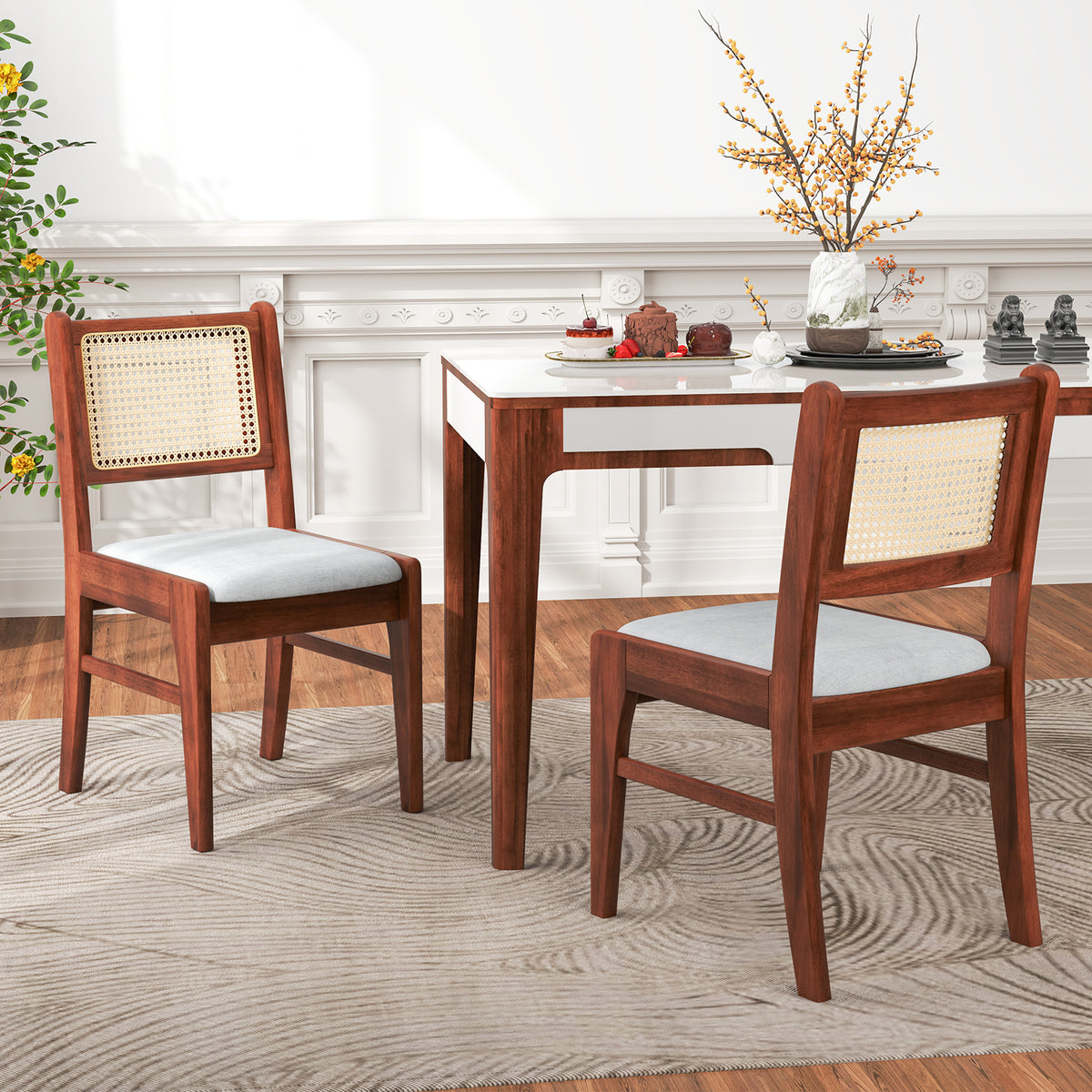 Wooden Dining Chair with Cane Back & Padded Seat - Brown