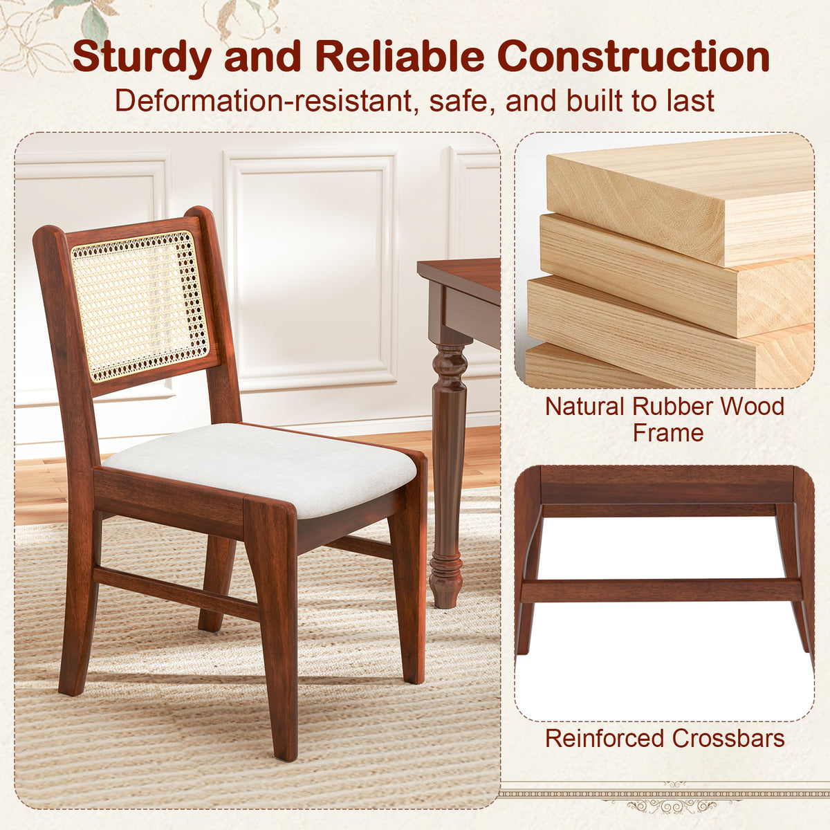 Wooden Dining Chair with Cane Back & Padded Seat - Brown