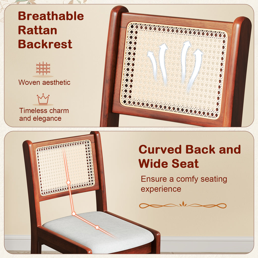 Wooden Dining Chair with Cane Back & Padded Seat - Brown