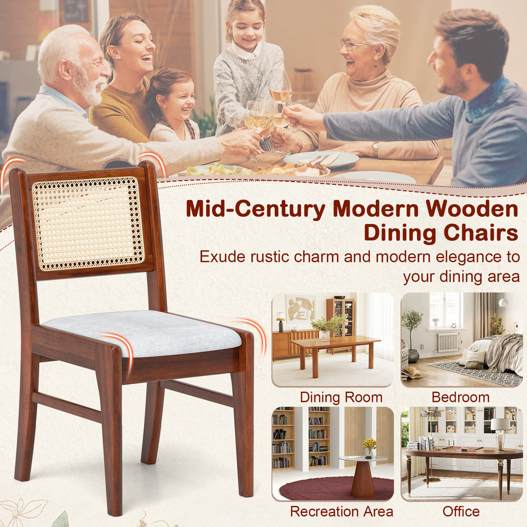 Wooden Dining Chair with Cane Back & Padded Seat - Brown