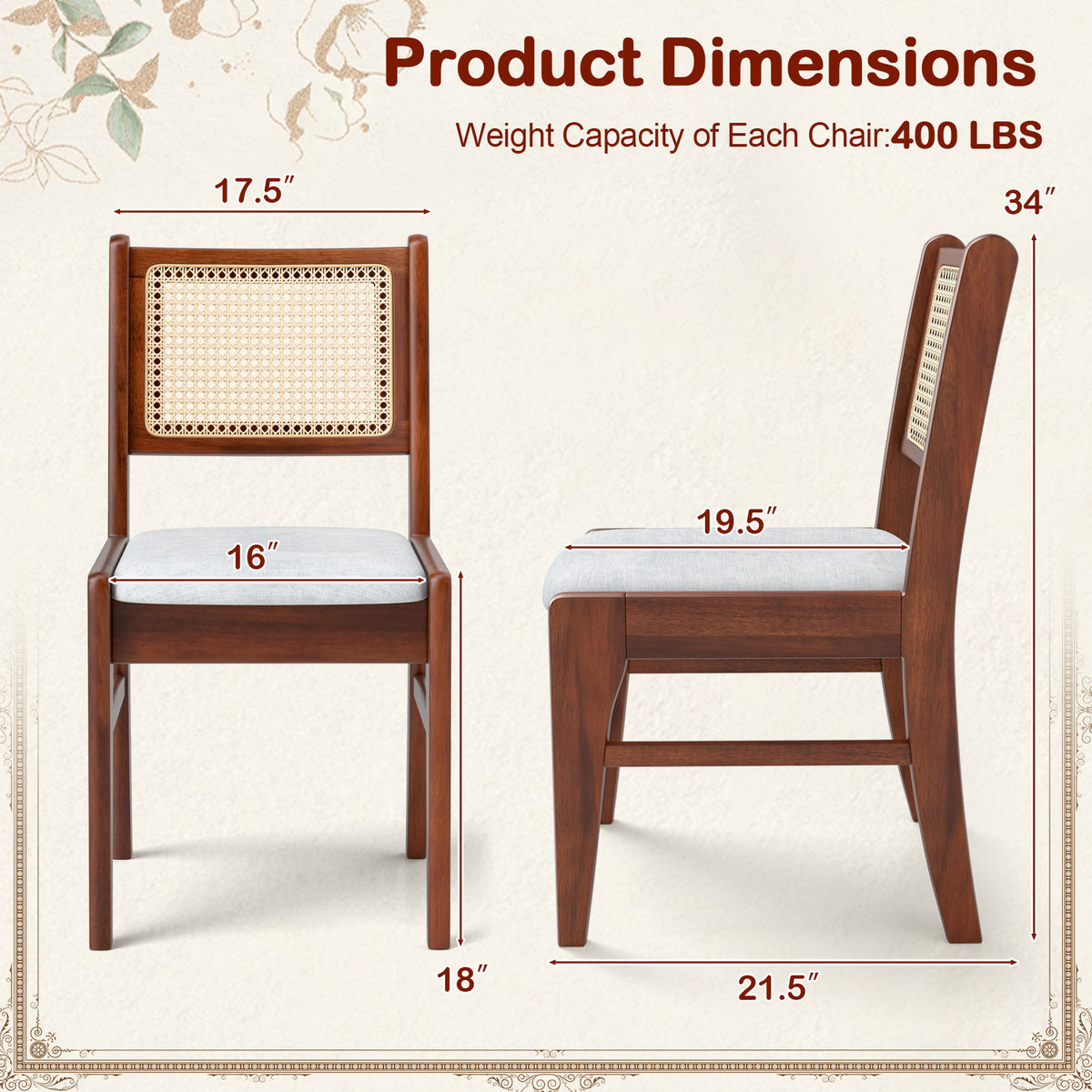 Wooden Dining Chair with Cane Back & Padded Seat - Brown