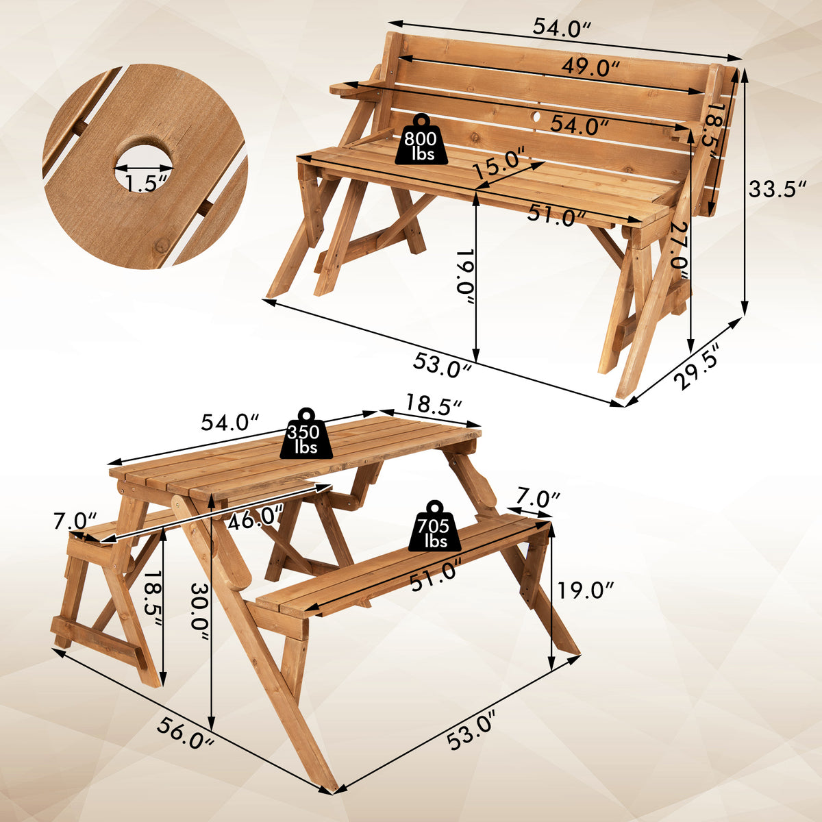 2-in-1 Picnic Table Bench with Umbrella Hole - 54" x 18.5", Dark Brown