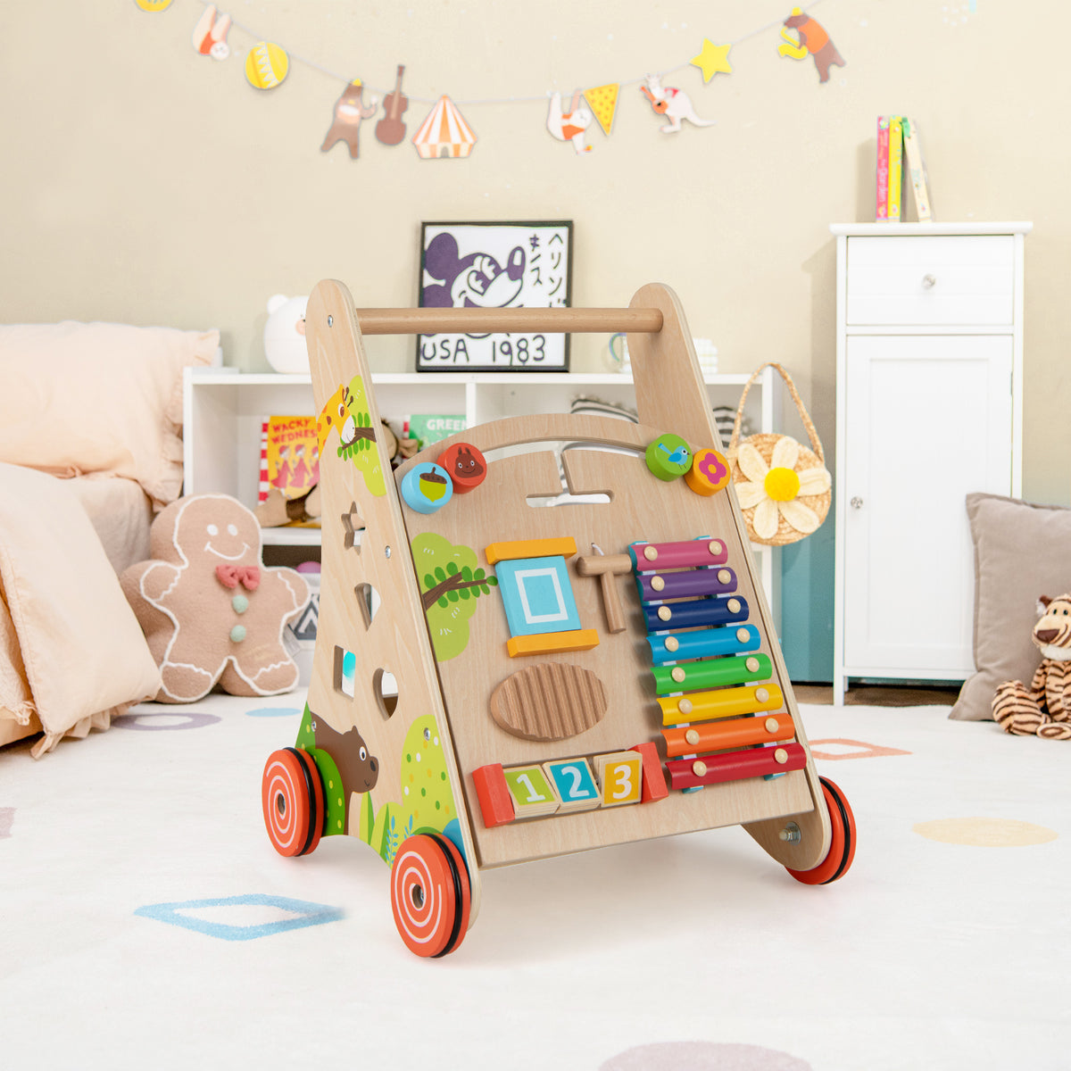 Wooden Push and Pull Baby Walker with Handle, Storage & Rotating Gears - Natural, Costway