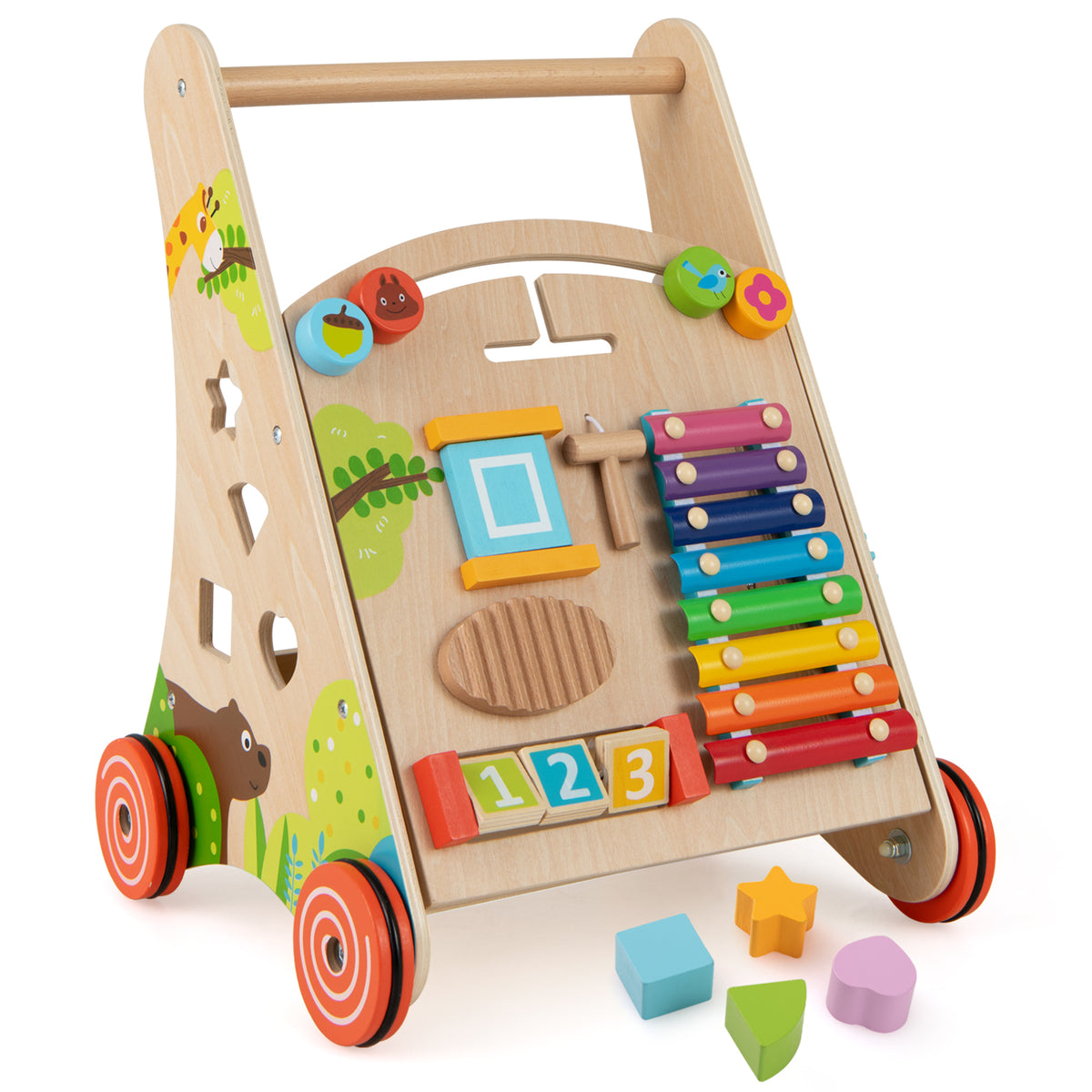 Wooden Push and Pull Baby Walker with Handle, Storage & Rotating Gears - Natural, Costway