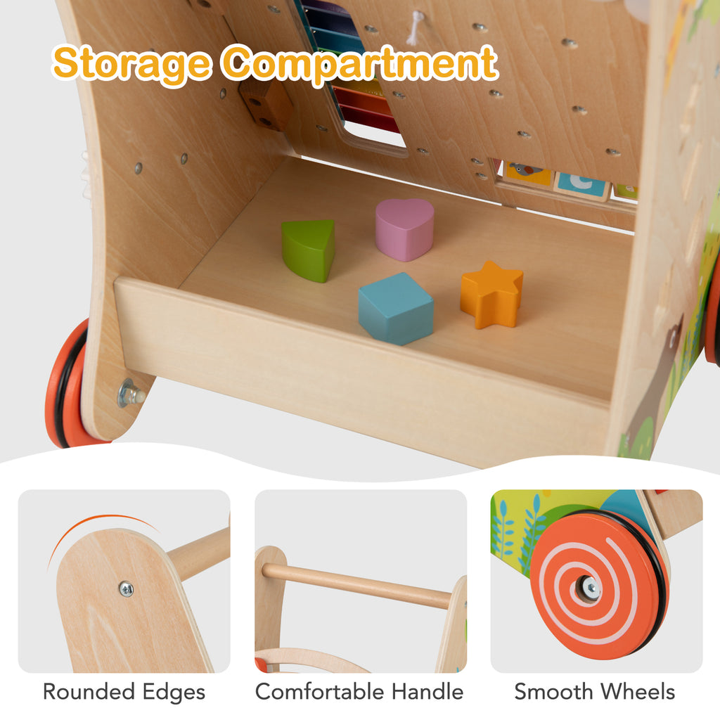 Wooden Push and Pull Baby Walker with Handle, Storage & Rotating Gears - Natural, Costway