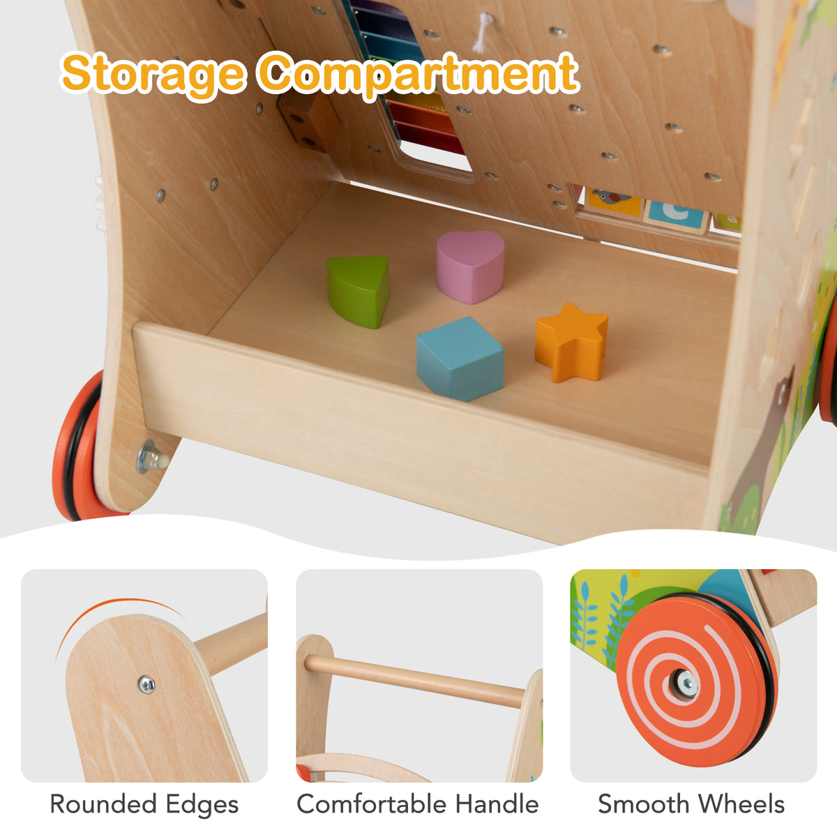 Wooden Push and Pull Baby Walker with Handle, Storage & Rotating Gears - Natural, Costway