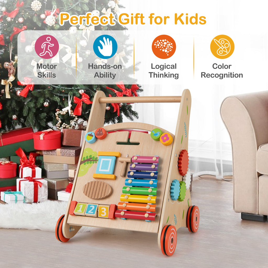 Wooden Push and Pull Baby Walker with Handle, Storage & Rotating Gears - Natural, Costway