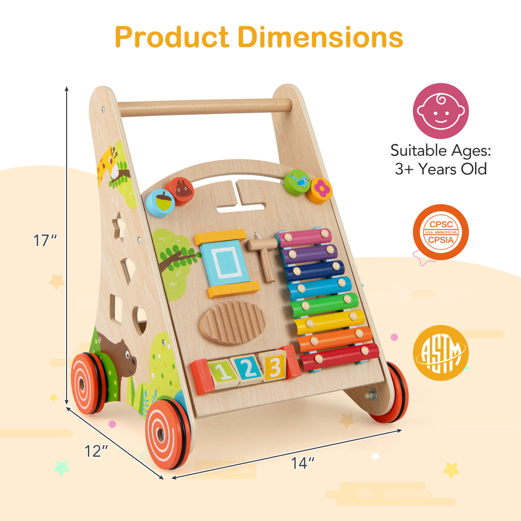 Wooden Push and Pull Baby Walker with Handle, Storage & Rotating Gears - Natural, Costway