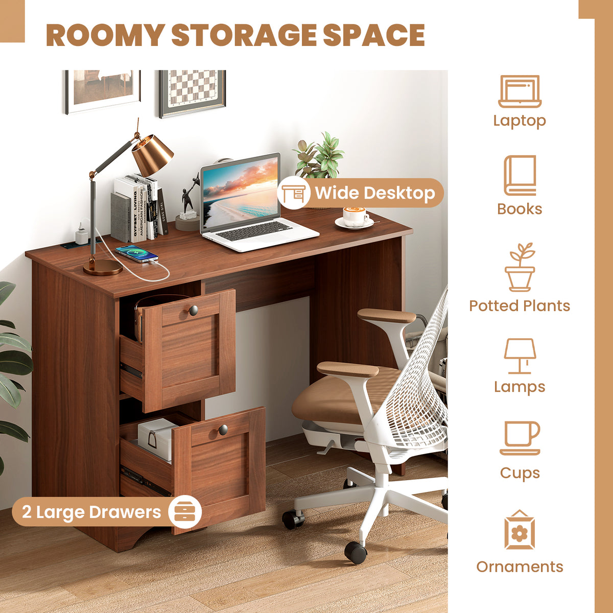 Wooden Computer Desk Workstation with 2 Drawers for Home and Office