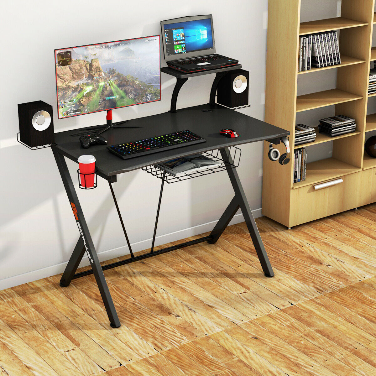 Gaming Desk with Headset Hook, Cup Holder & Monitor Shelf