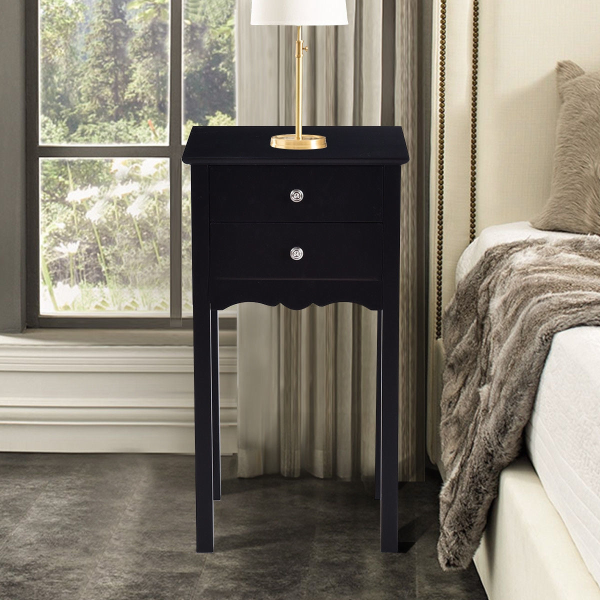 Vintage Side End Table with 2 Storage Drawers - Black