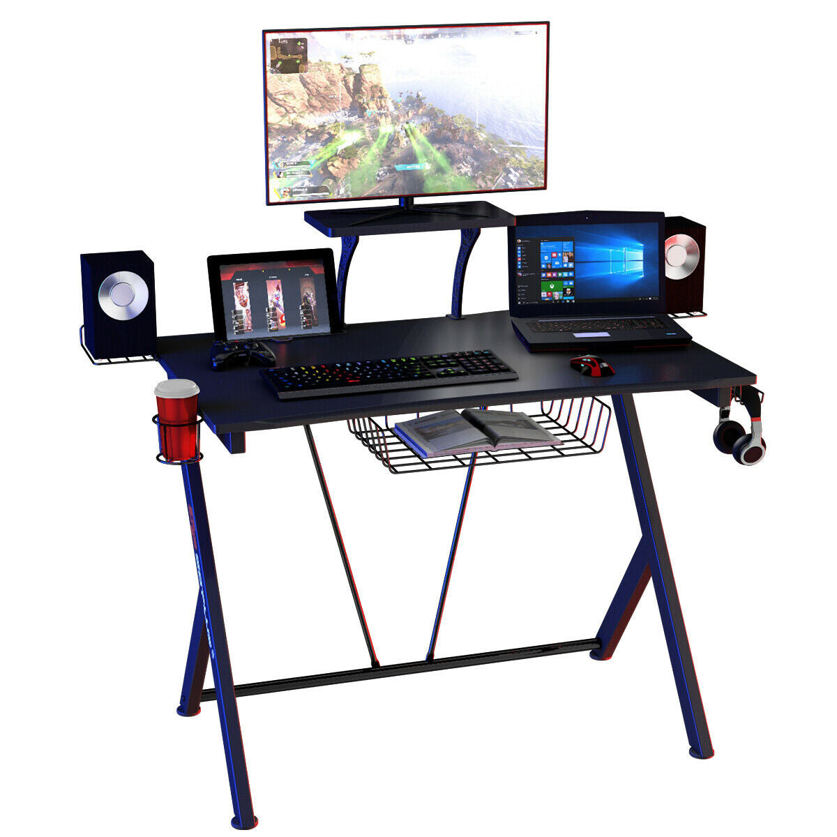 Gaming Desk with Headset Hook, Cup Holder & Monitor Shelf