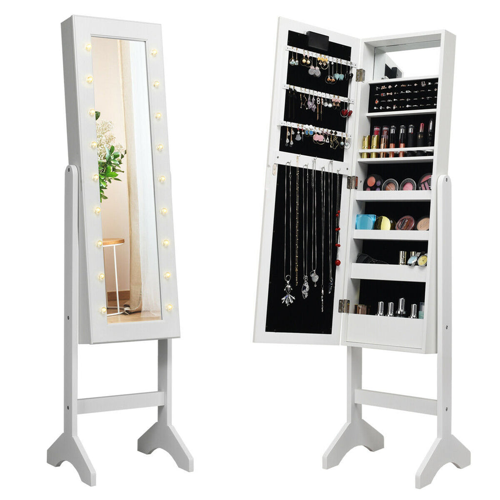 Mirrored Jewelry Armoire Cabinet with LED Lights, White