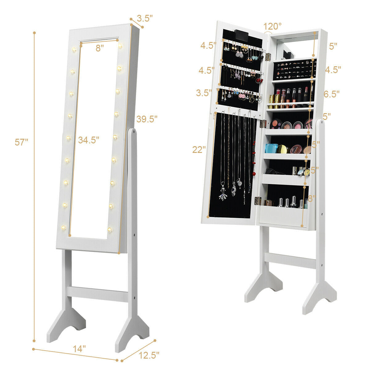 Mirrored Jewelry Armoire Cabinet with LED Lights, White