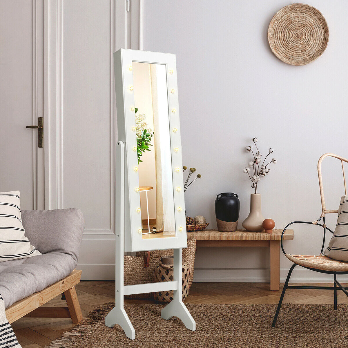 Mirrored Jewelry Armoire Cabinet with LED Lights, White