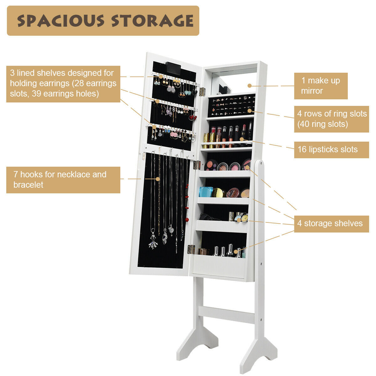 Mirrored Jewelry Armoire Cabinet with LED Lights, White
