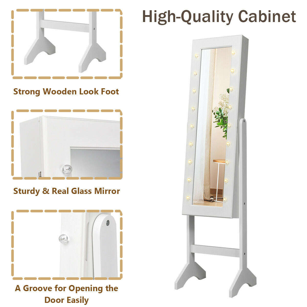 Mirrored Jewelry Armoire Cabinet with LED Lights, White