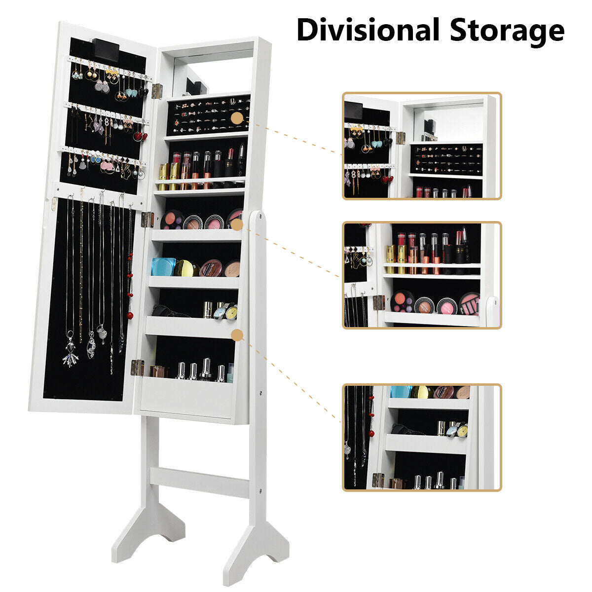Mirrored Jewelry Armoire Cabinet with LED Lights, White