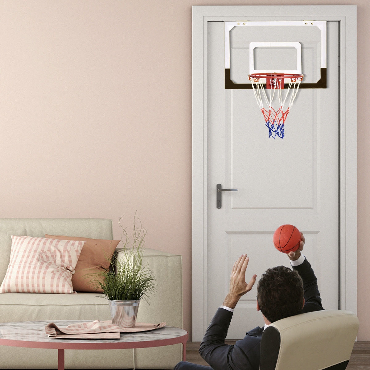 Over-The-Door Mini Basketball Hoop with 9-Inch Rim, Includes Basketball & Nets